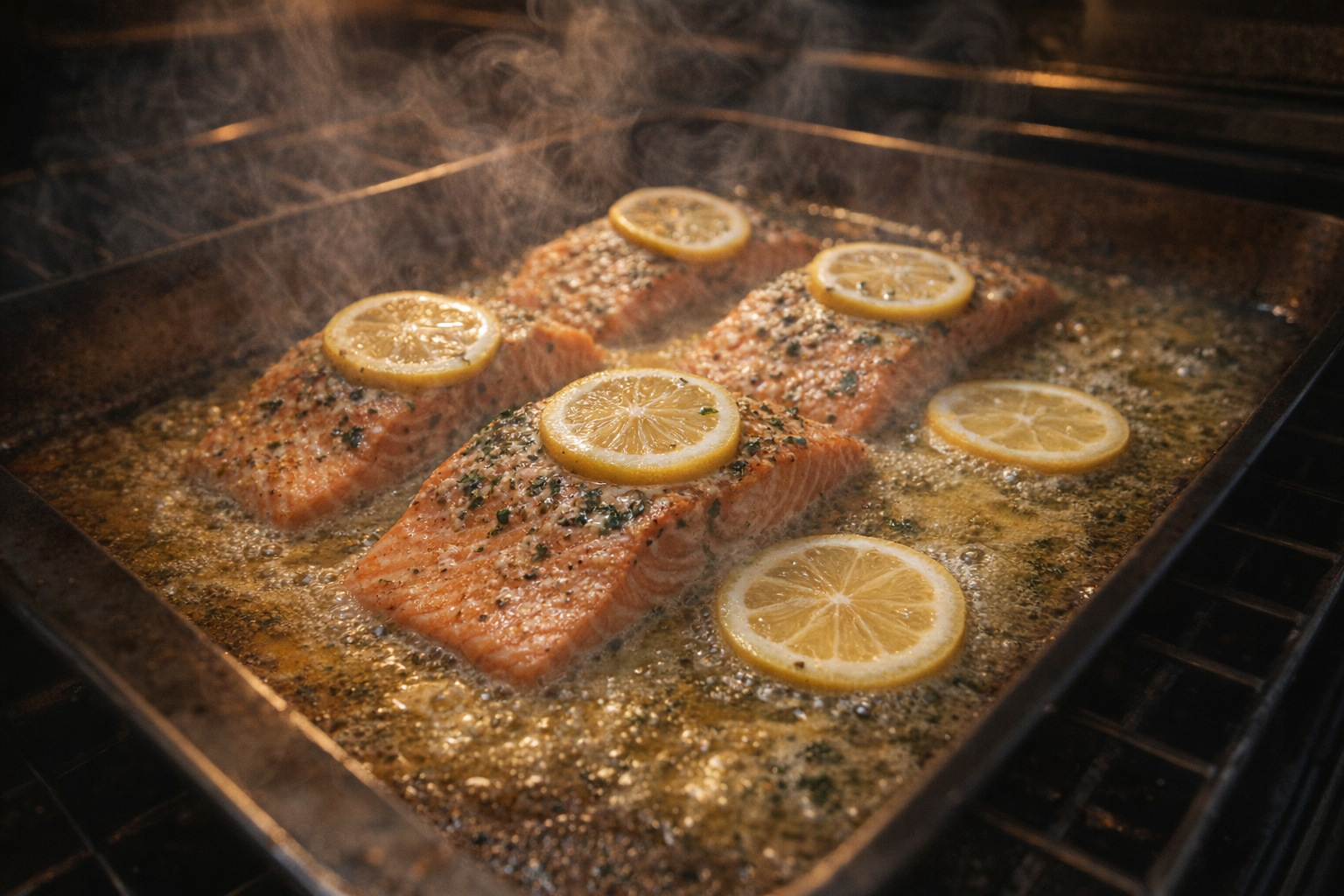 A close-up shot of salmon fillets baking in the oven, the lemon-butter sauce bubbling slightly, steam rising, warm oven lighting
